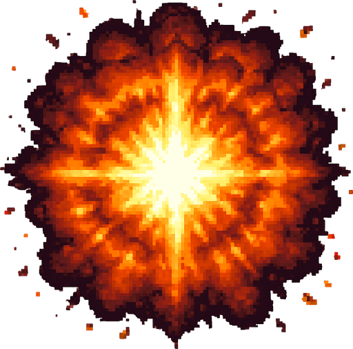 "High-quality 2D pixel art of a large magical explosion. The explosion is circular with a dense, fiery core made of layered orange, yellow, and white flames. Surrounding the core are expanding rings of fire and smoke, forming a symmetrical, radial burst pattern. The edges are rough and scattered with glowing embers and pixelated debris. The style mimics SNES-era fantasy RPG pixel effects, with vibrant colors and dramatic lighting. Transparent background.".
In-Game asset.  2d.  High contrast.  No shadows