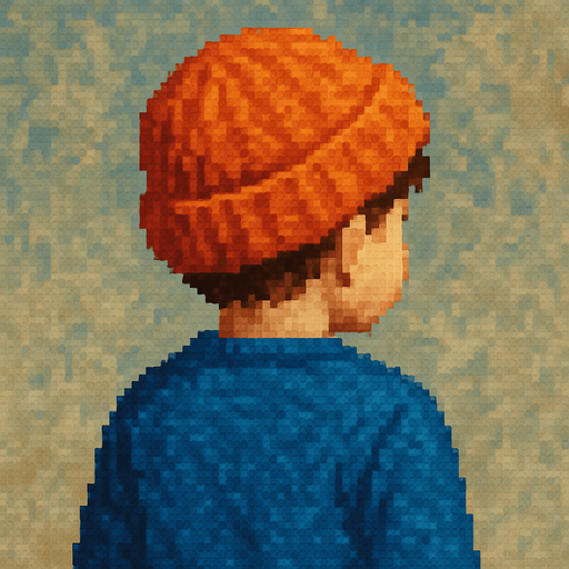 pixel mavi kazaklı yüzü dönük çocuk yap. beresi turuncu olsun
