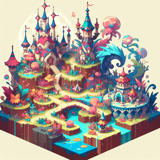 un monde féerique.
Single Game Texture. In-Game asset. 2d. Blank background. High contrast. No shadows.