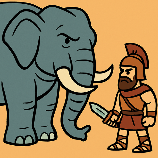 Animasyon çizgi dizi tarzında büyük ve devasa bir fil çiz yanındada elinde kılıç olan eski çağlardan bir asker olsun.
In-Game asset.  2d.  High contrast.  No shadows