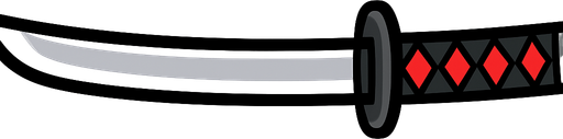 Draw a 2D side-view katana with a sleek silver blade and a black-and-red hilt, in a flat cartoon style suitable for an action game. The sword should be horizontal with a transparent background.
In-Game asset.  2d.  High contrast.  No shadows