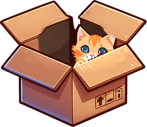 cute Chibi ginger cat look from the box into the camera. Cheeky, happy.