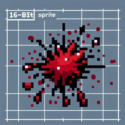 16 bit sprite of a blood splatter Single Game Texture. In-Game asset. 2d. Blank background. High contrast. No shadows.