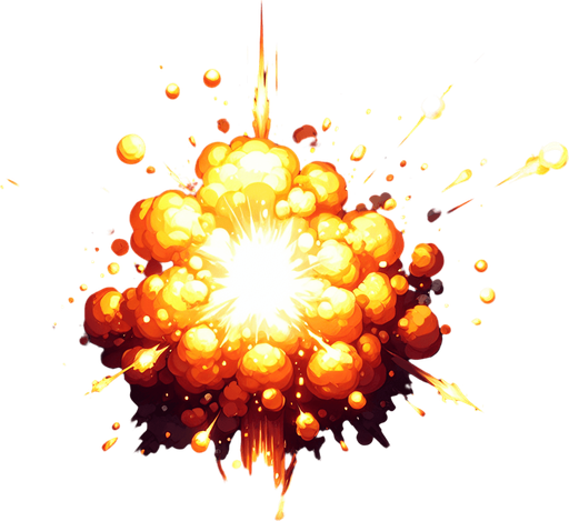 Initial Impact:

Start with a bright flash of light (yellow or white) at the point of collision to indicate the impact.
Explosion Burst:

Create a series of expanding fireballs with glowing orange, red, and yellow hues.
Add smoke trails or debris flying outward from the center of the explosion.
Animation Details:

Make the explosion dynamic, starting with a fast expansion and then slowly fading out.
Include flickering or sparking effects for added realism.
Duration:

The entire animation should last around 0.5–1 second to ensure it feels impactful but doesn't interrupt gameplay flow.
Style:

Match the art style of the game, whether it's realistic, cartoonish, or pixelated, to ensure consistency..
Single Game Texture. In-Game asset. 2d. Blank background. High contrast. No shadows.