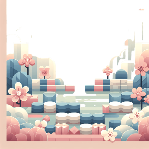Background for relaxing puzzle game. Pastel colors, flat shaded, vector art. Flowers. Blocks. Relaxing. Clouds Single Game Texture. In-Game asset. 2d. Blank background. High contrast. No shadows.