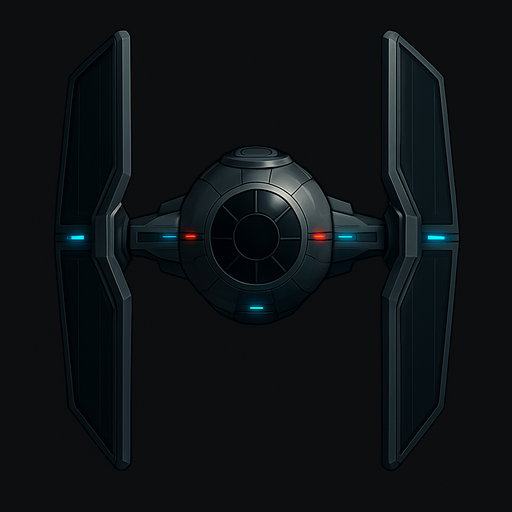 A clean and stylized top-down view of a futuristic sci-fi fighter inspired by classic space opera designs. The ship features a central cockpit sphere with two large vertical wing panels on each side, connected by sleek metallic arms. The design is symmetrical with dark gray and black tones, accented with subtle glowing blue or red highlights. The icon has sharp, simplified details for clarity at small sizes, with a dark background to enhance contrast. Square or circular format, 1024x1024 resolution, high detail, sci-fi concept art style. Original design, copyright-safe, evoking the essence of iconic space fighters..
In-Game asset.  2d.  High contrast.  No shadows
