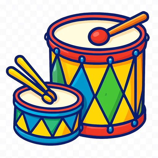 A bright, cartoon-style illustration of Brazilian samba drums including a tamborim and surdo, decorated with carnival colors. Transparent rounded background PNG, optimized for game asset..
In-Game asset.  2d.  High contrast.  No shadows