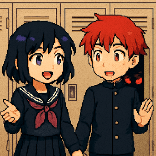 Pixel art illustration. A 15-year-old anime-style boy and girl in Japanese school uniforms are talking while gesturing with their hands. Very close to them is a row of lockers. In the one at the center, a pair of glowing red eyes peer through the slats. They belong to a yandere—obsessed, crazy, and jealous—whose face and body remain hidden in the darkness inside the locker.