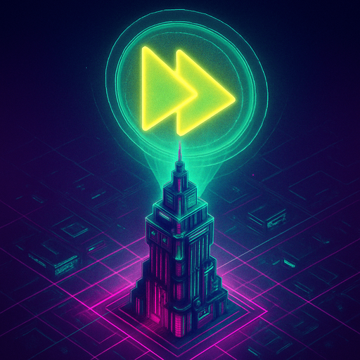Top down isometric neon cyberpunk futuristic massive tower spire 3D fast forward symbol projection over top, agility, rapidness symbol yellows pinks greens vaporwave glowing hologram over top