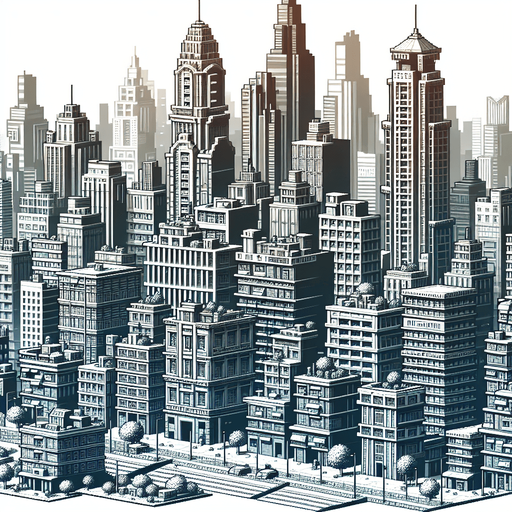 create a city with buidlings.
Single Game Texture.  In-Game asset.  2d.  Blank background.  High contrast.  No shadows
