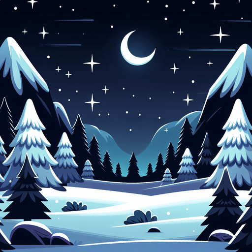 Mountain valley with snowy trees. Scenic view. Nighttime. Cartoon. Black background. New moon
Single Game Texture. In-Game asset. 2d. Blank background. High contrast. No shadows.