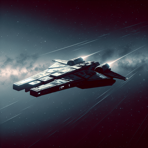 космический корабль летящий вперед сквозь космос.
Single Game Texture. In-Game asset. 2d. Blank background. High contrast. No shadows.