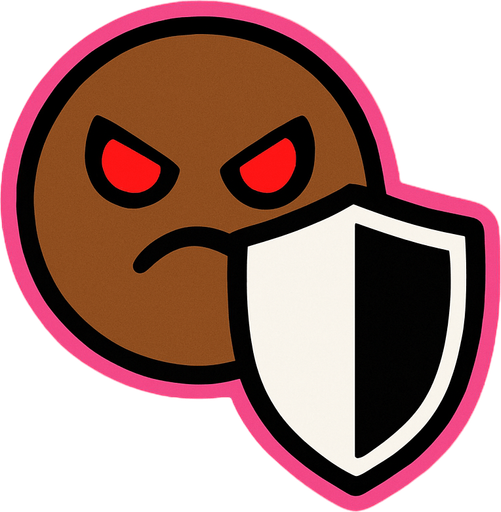Brown simple circular enemy seen from above, pink outline. red eyes, with a single shield in-font of it. Black and white only. Blue background..
In-Game asset.  2d.  High contrast.  No shadows