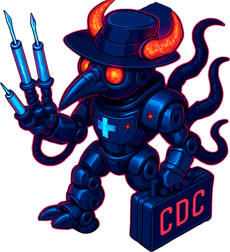 Neon cyberpunk anime top down isometric animatronic plague doctor cyborg demon medic CDC corporate robot monster disease pestilence medicine syringes Walking