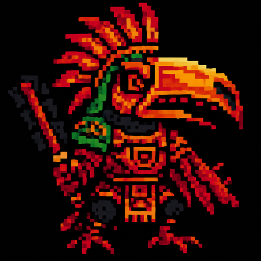 Genérame un Tucan guerra azteca con eso patrones estilo pixelar, con una apariencia maligna.
In-Game asset.  2d.  High contrast.  No shadows