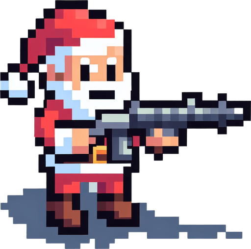 a top view of a 16 bit sprite santa with a bazooka Single Game Texture. In-Game asset. 2d. Blank background. High contrast. No shadows.