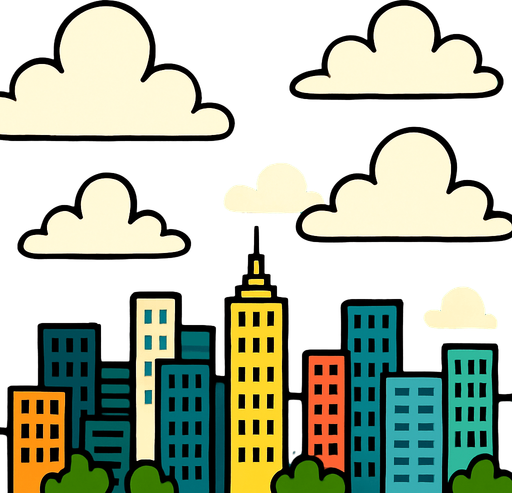 fondo de caricatura 2d, en la parte de abajo se vea edificios de ciudad y el 70% que sea del cielo.
In-Game asset.  2d.  High contrast.  No shadows