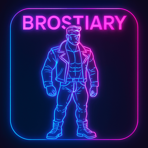 Neon cyberpunk App icon BROSTIARY encyclopedia of black leather biker jacket longsleeves shirtless musxles pants boots hunk outline linework glowing 3d hologram flat
