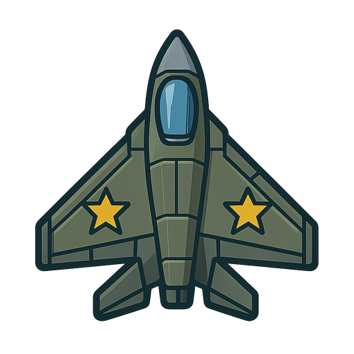 Arcade style militry jet. No background. Transparent background. Blank background. No shadows. 2d. In-Game asset. flat