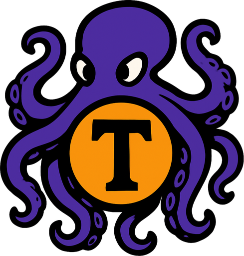 una letra t dentro de una esfera y un pulpo que la rodea.
In-Game asset.  2d.  High contrast.  No shadows