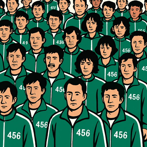 a lot of people in squid game clothes.
In-Game asset.  2d.  High contrast.  No shadows
