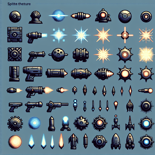A spritesheet of various laser and space gun turret shots, including dual shots, rays and projectiles for a space game..
Single Game Texture. In-Game asset. 2d. Blank background. High contrast. No shadows.