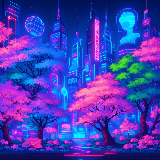 Neon cyberpunk anime city skyline futuristic holograms