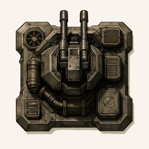 Namusu olmayan Teknolojik askeri saldırı kulesi, üstten görünüm, gerçekçi, yazısız.
In-Game asset.  High contrast.  No shadows