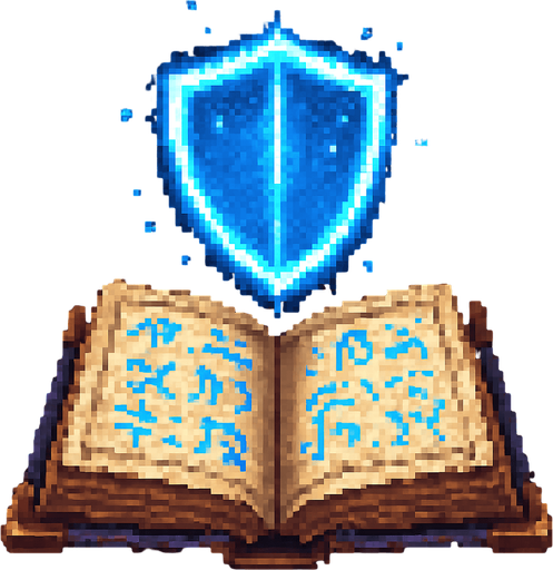 "2D pixel art of a glowing blue shield symbol emerging from an open magical spellbook. The spellbook has old, worn covers and glowing arcane runes on its pages. The shield symbol floats above the book, made of radiant blue magical energy, slightly transparent and softly glowing. It represents protection or a defensive spell. Style is classic 16-bit fantasy RPG pixel art. Transparent background.".
In-Game asset.  2d.  High contrast.  No shadows