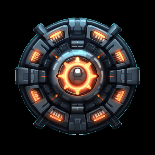 Dark circular power up indicating double cannons.
Game Texture. In-Game asset. 2d. Pixelart. White background. Blank background. Low detail. High contrast.