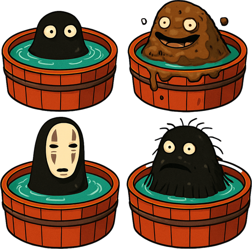 Japanese circle bath have different stink spirits from movie "spirited away". each one per bath. HD colors.
In-Game asset.  2d.  High contrast.  No shadows