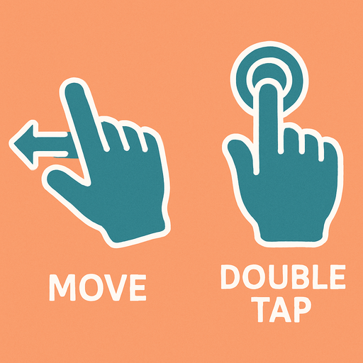 white stroked help illustration indicating move (hand + arrows) and one indicating double tap (hand + circles)