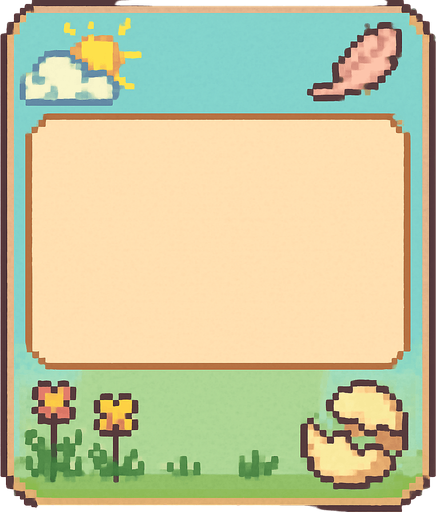 A decorative pixel art character card frame for a 2D retro-style game, themed around a cute bird world. The card is rectangular with rounded corners and has a pastel-colored background. Each corner includes soft, themed details:

A cloud and sun in the top-left,

A feather or flying bird in the top-right,

Grass or flowers in the bottom-left,

A cracked egg in the bottom-right.

The center area is left empty for a character sprite to be added later. The overall design is cozy, cute, colorful, and flat—fitting the aesthetic of a peaceful, playful bird-themed game world.

Style tags:
pixel art, retro, bird theme, character card, cozy, pastel colors, cloud, feather, egg, grass, flowers, soft design, minimal, 2D UI, flat, cute.
In-Game asset.  2d.  High contrast.  No shadows. pixel art. retro. bird theme. character card. cozy. pastel colors. cloud. feather. egg. grass. flowers. soft design. minimal. 2d ui. flat. cute