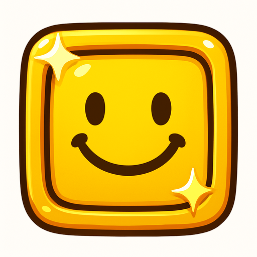 Can you draw a smiling face with rounded edges, square frame, yellow and shiny effect?.
In-Game asset.  2d.  High contrast.  No shadows