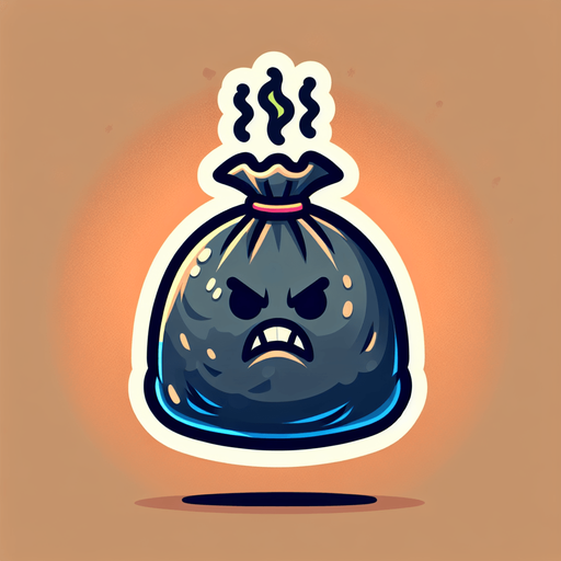 cartoon garbage bag smelly.
Single Game Texture.  In-Game asset.  2d.  Blank background.  High contrast.  No shadows