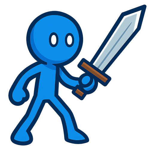 Blue stickman with a sword.
In-Game asset.  2d.  High contrast.  No shadows
