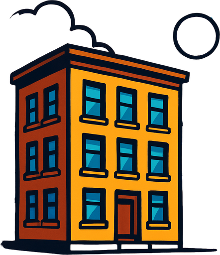 cloudy sunny building background.
In-Game asset.  2d.  High contrast.  No shadows