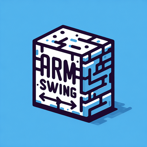 a forward facing brick with the writing "Arm Swing" Single Game Texture. In-Game asset. 2d. Blank background. High contrast. No shadows.