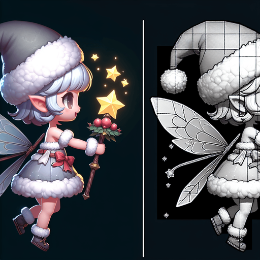 Profile view of a cute little fairy with a santa hat and a magic wand. Flying in the right direction. Single Game Texture. In-Game asset. 2d. Blank background. High contrast. No shadows.