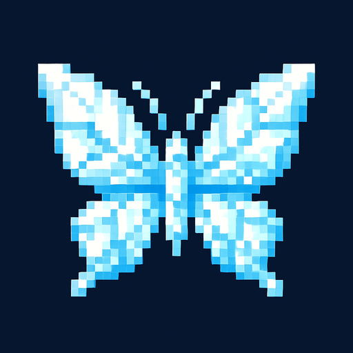 butterfly of white and light blue pixels like crystal.
In-Game asset.  2d.  High contrast.  No shadows. 8-bits