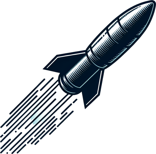 a missile with the trail. the missile is pointing to the top, and the trail goes down. no background, top-down view.
Single Game Texture.  In-Game asset.  2d.  Blank background.  High contrast.  No shadows