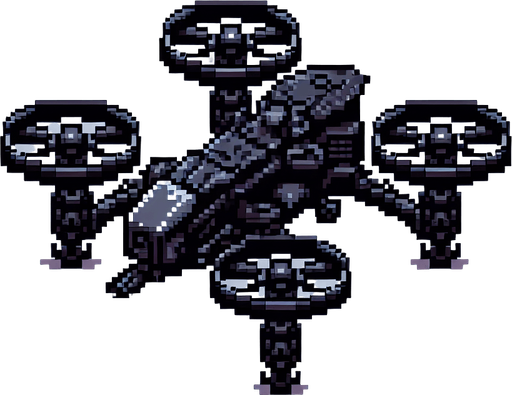 front image a 8 bit battle enemy black scifi quadcopter  drone.
Single Game Texture.  In-Game asset.  2d.  Blank background.  High contrast.  No shadows
