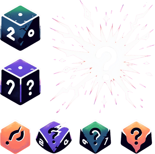 A crackling spark of energy rapidly shifting between multiple colors (purple, green, orange). Could also be a die symbol with elemental icons instead of pips, or a weapon impact with a question mark..
Single Game Texture.  In-Game asset.  2d.  Blank background.  High contrast.  No shadows