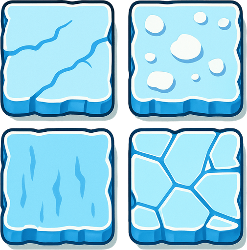 Generate a 2D sprite sheet arranged in a 2x2 grid, featuring game tiles of stylized arctic ice for a mobile game. The art style should be a clean vector illustration with flat colors and high contrast, suitable for a top-down, bird's-eye view. There should be no shadows.
The sprite sheet must show 4 distinct variations of an ice tile, each with a different surface appearance:.
In-Game asset.  2d.  High contrast.  No shadows