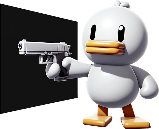 Белая мультяшная утка держит ружье и направляет в экран..
Single Game Texture. In-Game asset. 2d. Blank background. High contrast. No shadows.