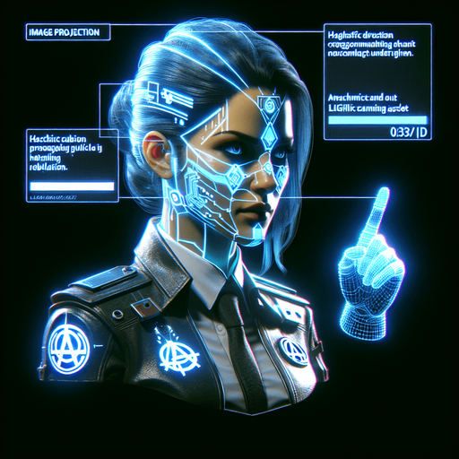 A hologram projection of a rebel secret agent bust, with a futuristic cyberpunk style. The agent is a confident woman in a rugged yet high-tech suit, adorned with subtle anarchist symbols and glowing blue accents. Her look conveys authority and high rank within an underground rebel group, with a determined and defiant expression as she gives hacking instructions to the player..
Single Game Texture. In-Game asset. 2d. Blank background. High contrast. No shadows.