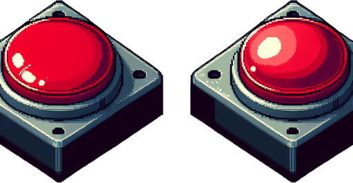 A spritesheet showing only 2 sprites, of the unpressed and pressed states of a BIG RED BUTTON respectively . The sprites in the sheet should be laid out with transparent space between them in clearly defined rectangular areas. The button itself should be large and round, like on old arcade game machines, with a plastic inset around it, and when it's pressed down, it should appear lower relative to that plastic ring, so that it is visibly easy to distinguish between the pressed down and unpressed state..
Single Game Texture. In-Game asset. 2d. Blank background. High contrast. No shadows.