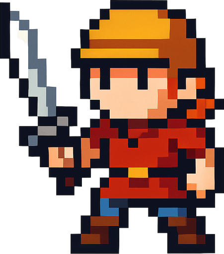 2d hero swordsman pixel sprite.
In-Game asset.  2d.  High contrast.  No shadows