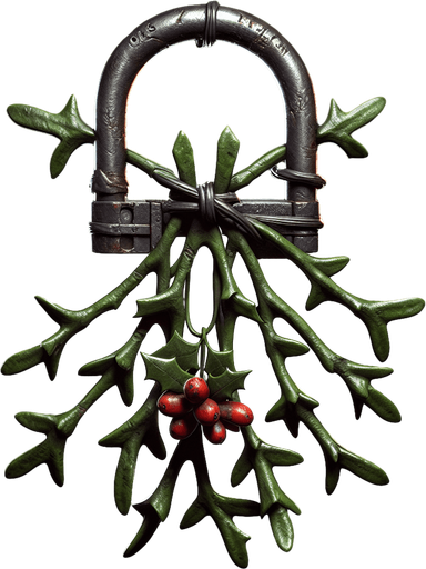eerie christmas inspired mistletoe lock with a resident evil style.
Single Game Texture. In-Game asset. 2d. Blank background. High contrast. No shadows.