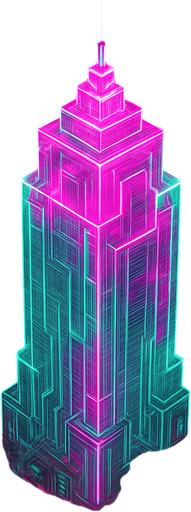 Massive futuristic neon hologram skyscraper top down isometric poking out of clouds from above elaborate cyberpunk architecture glowing pink green projection hologram 3d
